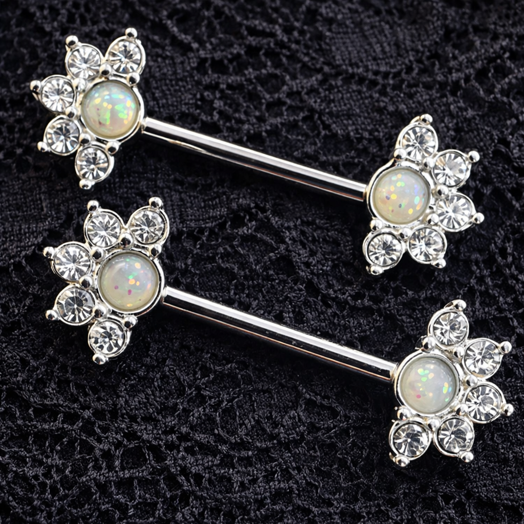 Mandala Flower Opal Stone Nipple Bars Piercing - 14G Silver Surgical Steel 316L