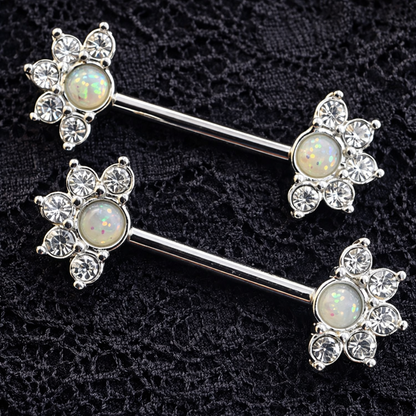 Mandala Flower Opal Stone Nipple Bars Piercing - 14G Silver Surgical Steel 316L