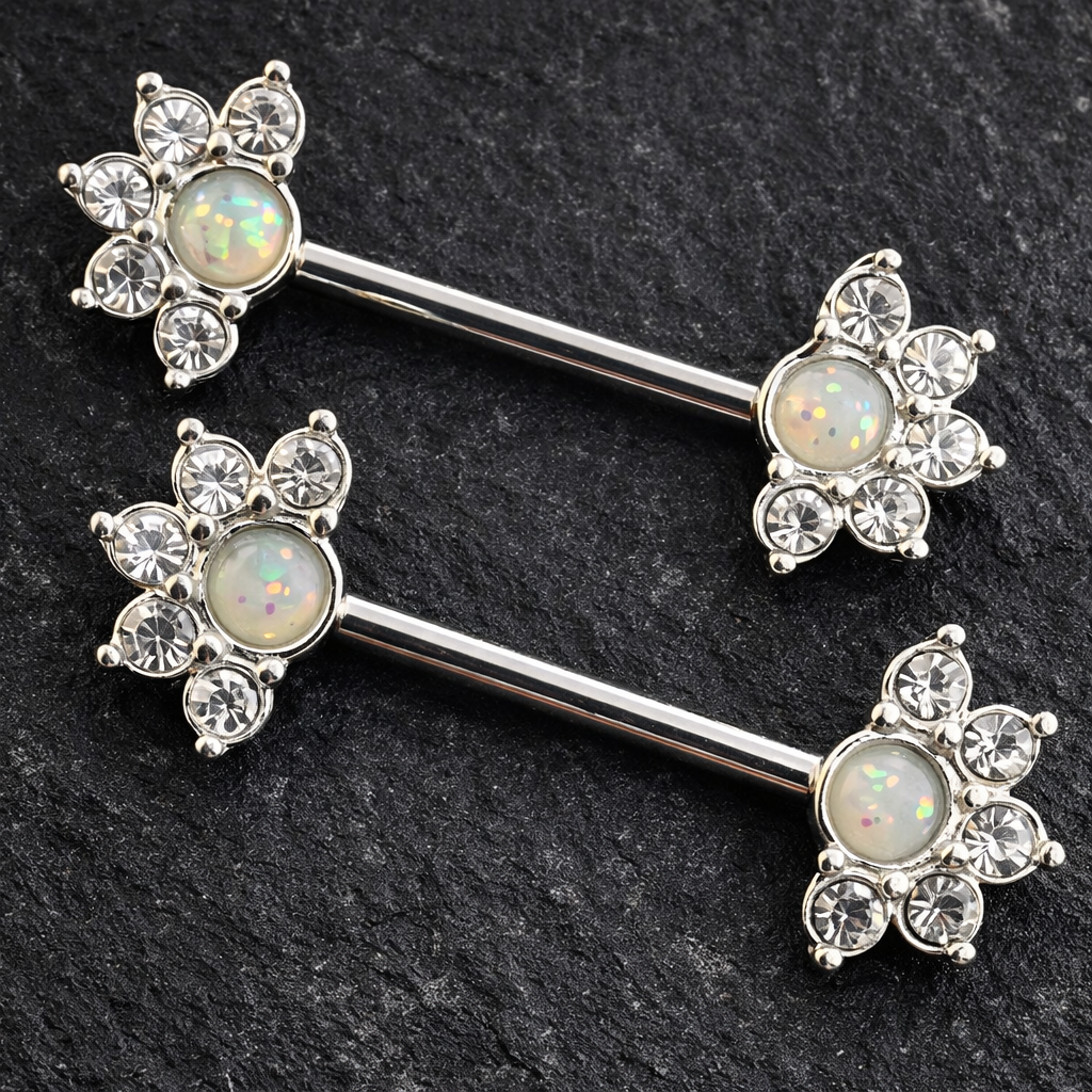 Mandala Flower Opal Stone Nipple Bars Piercing - 14G Silver Surgical Steel 316L