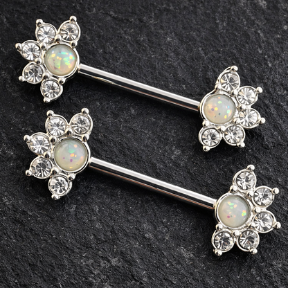 Mandala Flower Opal Stone Nipple Bars Piercing - 14G Silver Surgical Steel 316L