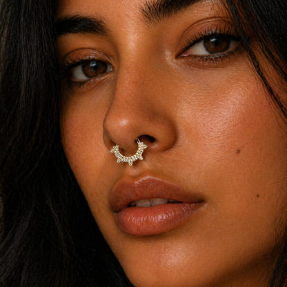 Close-up of a person wearing a nose ring with a blurred background