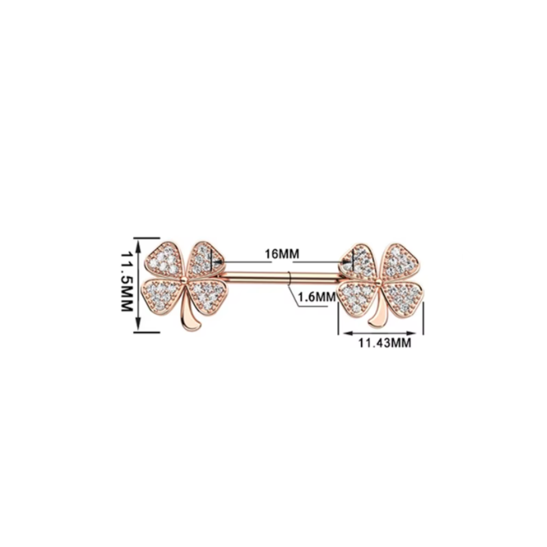 Clover Leaf Rose Gold Nipple Piercing Bar Jewelry with CZ crafted by 14G Surgical Steel 316L Dimensions