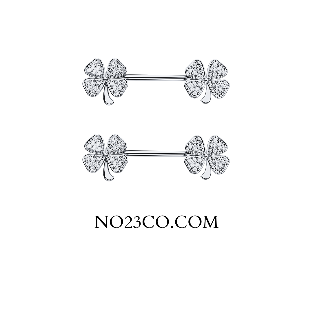 Clover Leaf Silver Nipple Piercing Bar Jewelry with Cubic Zirconia made of 14G Surgical Steel 316L