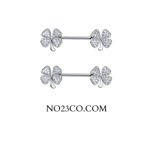 Clover Leaf Silver Nipple Piercing Bar Jewelry with Cubic Zirconia made of 14G Surgical Steel 316L