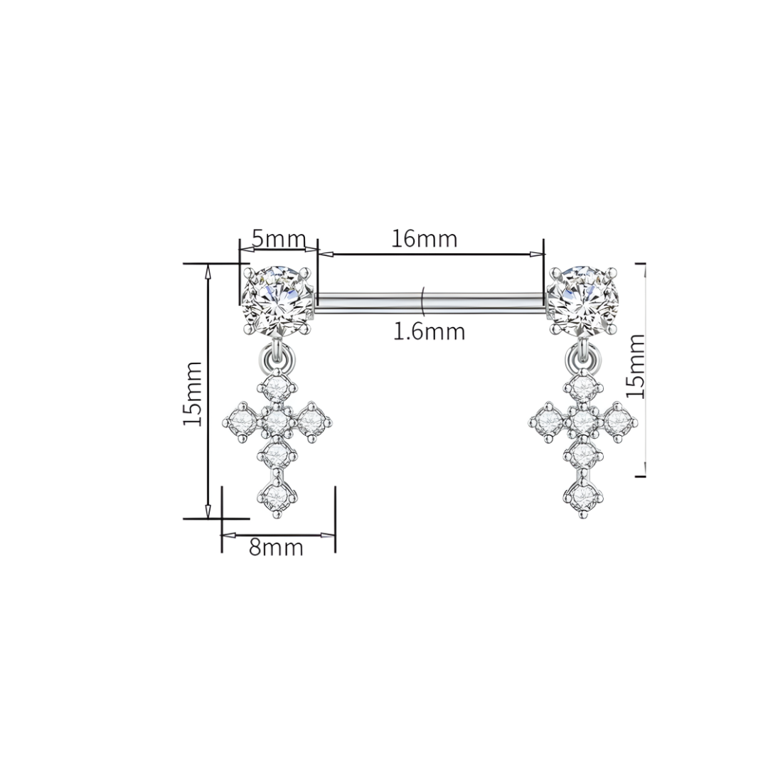 Cross-shaped nipple bars with measurement details on a white background