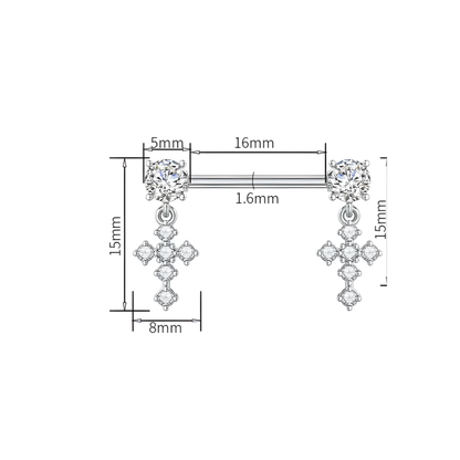 Cross-shaped nipple bars with measurement details on a white background