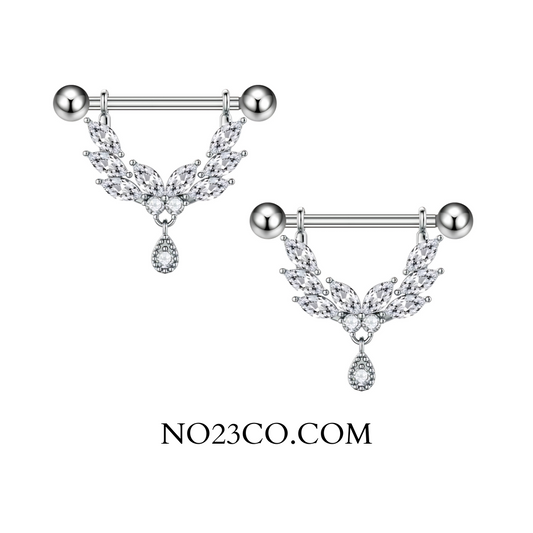 Elegant 16G nipple piercing bar with sparkling cubic zirconia dangles, made from high-quality surgical steel 316L for durability and style.