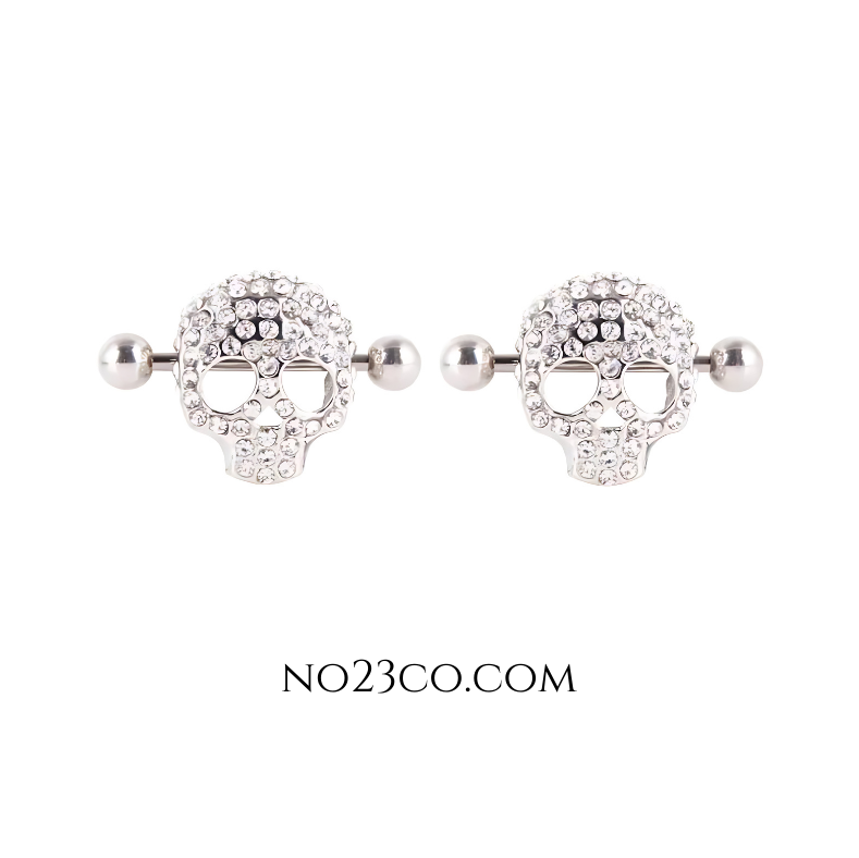 Diamond Skull Shaped Silver Nipple Bar Shields Piercing Body Jewelry - 16G Surgical Steel 316L
