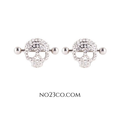 Diamond Skull Shaped Silver Nipple Bar Shields Piercing Body Jewelry - 16G Surgical Steel 316L
