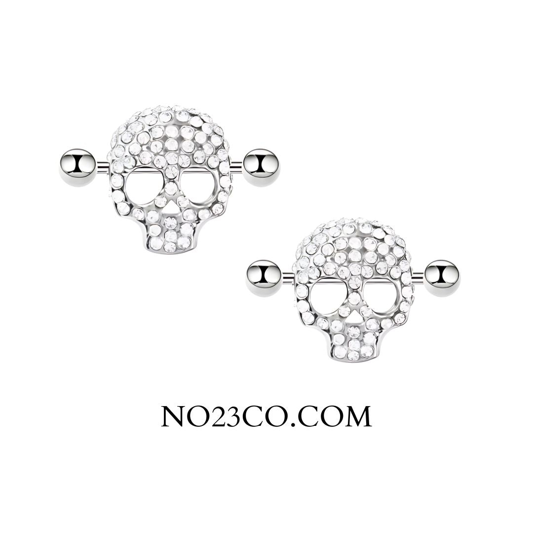 Gothic Skull Nipple Bar Piercing – 16G Surgical Steel with Dazzling Diamond Details