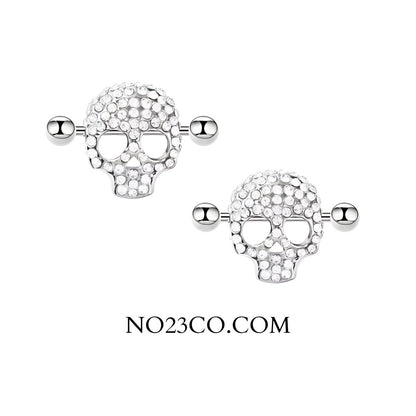 Gothic Skull Nipple Bar Piercing – 16G Surgical Steel with Dazzling Diamond Details – High-quality, durable, and perfect for those who love bold body jewelry.