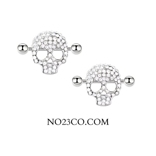 Gothic Skull Nipple Bar Piercing – 16G Surgical Steel with Dazzling Diamond Details – High-quality, durable, and perfect for those who love bold body jewelry.