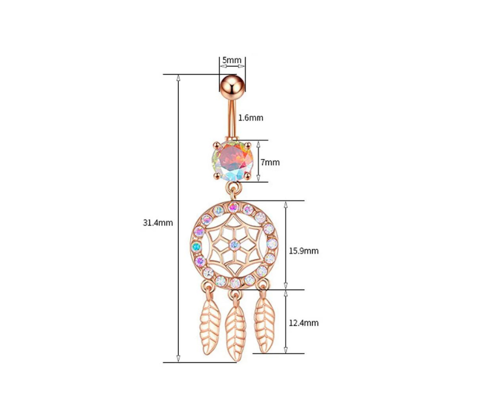 Dimensions of 14G Dreamcatcher Navel Piercing