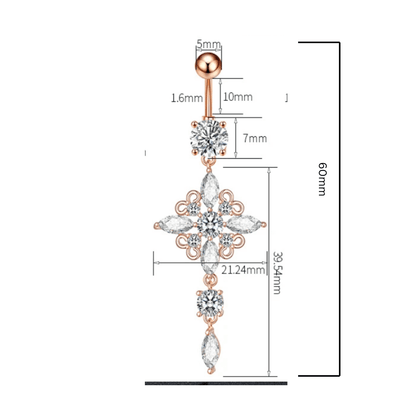 Dimensions of 14G Golden Rose Rhombus Dangle Navel Ring