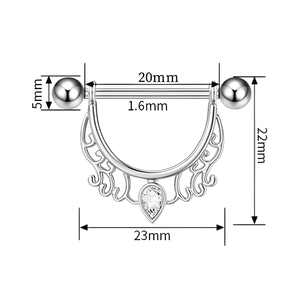 Dimensions of Dangle Nipple Piercing Bars with Sparkling Zirconia – 14G Surgical Steel 316L