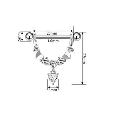 Dimensions of Heart Dangle Nipple Piercing Bar Shields with Cubic Zirconia – 14G Surgical Steel 316L
