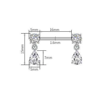 Dimensions of Silver Nipple Bars with Drop Dangly Ends - 14G Surgical Steel 316L