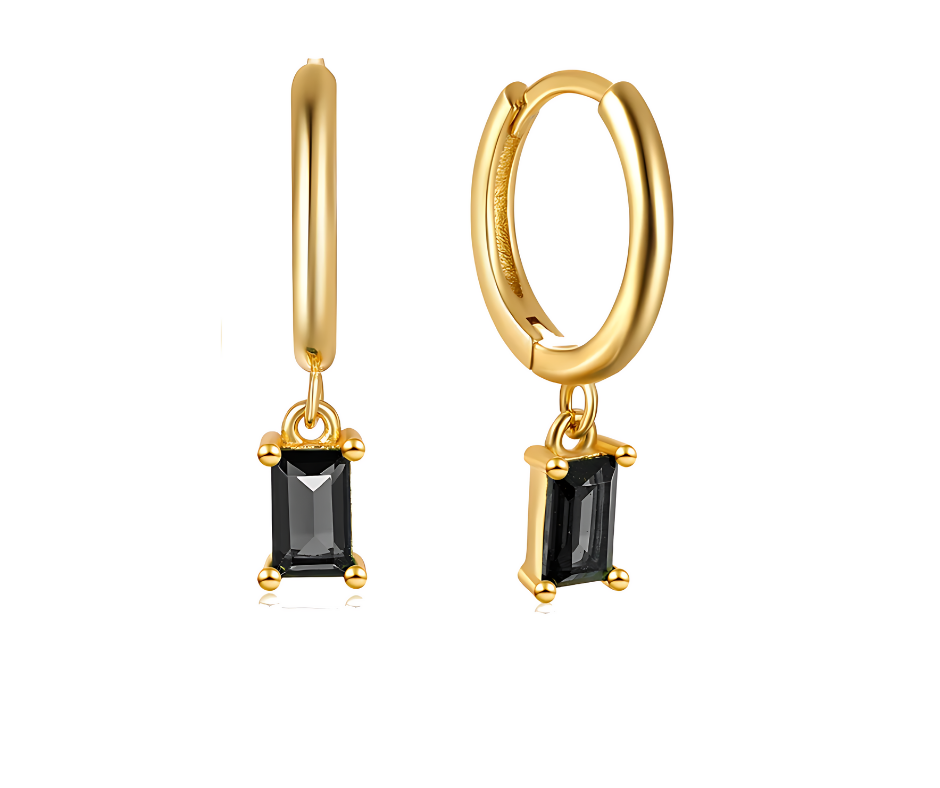 Droplet Earrings Black Rectangle Zirconia - 18K Gold Plated 925 Sterling Silver