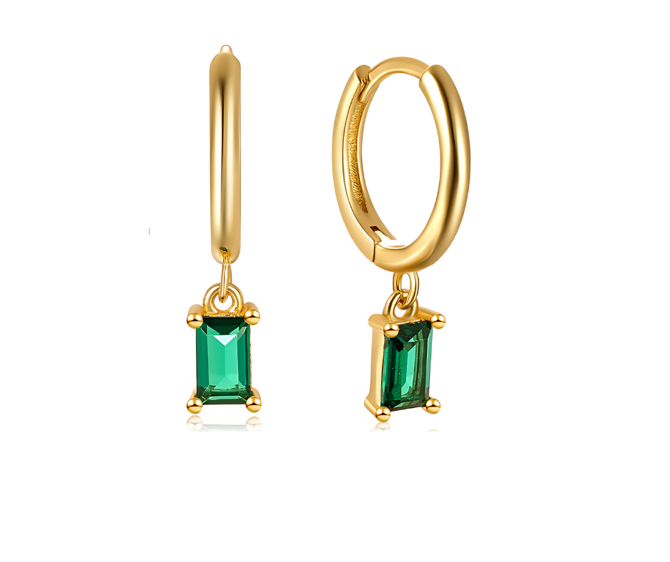 Droplet Earrings Green Rectangle Cubic Zirconia - 18K Gold Plated 925 Sterling Silver