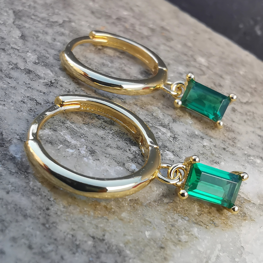 Droplet Earrings Green Rectangle Cubic Zirconia - 18K Gold Plated 925 Sterling Silver