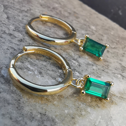 Droplet Earrings Green Rectangle Cubic Zirconia - 18K Gold Plated 925 Sterling Silver