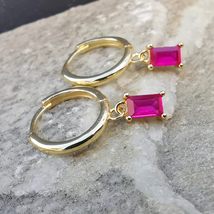 Droplet Earrings Magenta Rectangle Zirconia - 18K Gold Plated 925 Sterling Silver