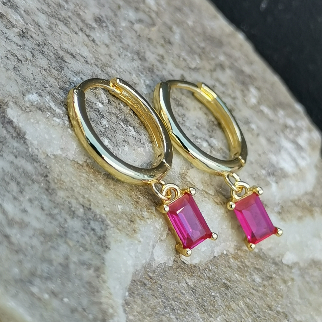 Droplet Earrings Magenta Rectangle Zirconia - 18K Gold Plated 925 Sterling Silver