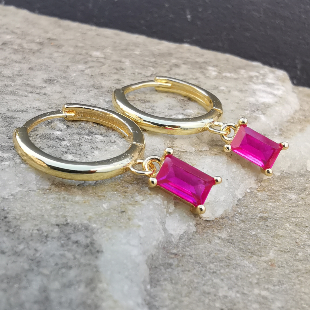 Droplet Earrings Magenta Rectangle Zirconia - 18K Gold Plated 925 Sterling Silver