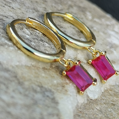 Droplet Earrings Magenta Rectangle Zirconia - 18K Gold Plated 925 Sterling Silver