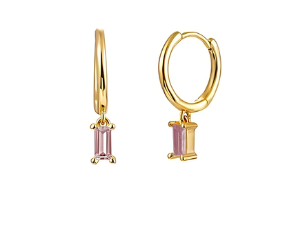 Droplet Earrings Pink Rectangle Zirconia - 18K Gold Plated 925 Sterling Silver