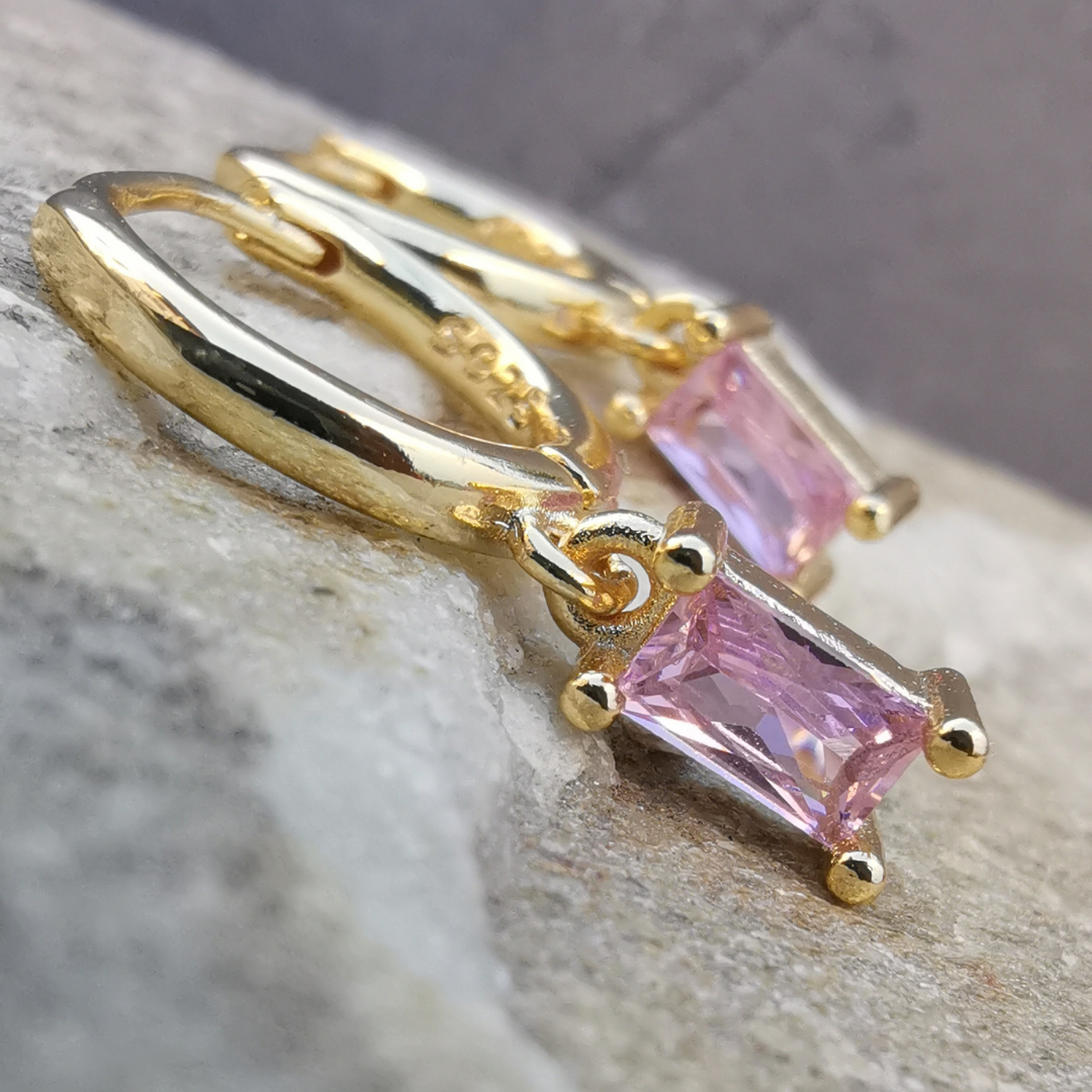 Droplet Earrings Pink Rectangle Zirconia - 18K Gold Plated 925 Sterling Silver