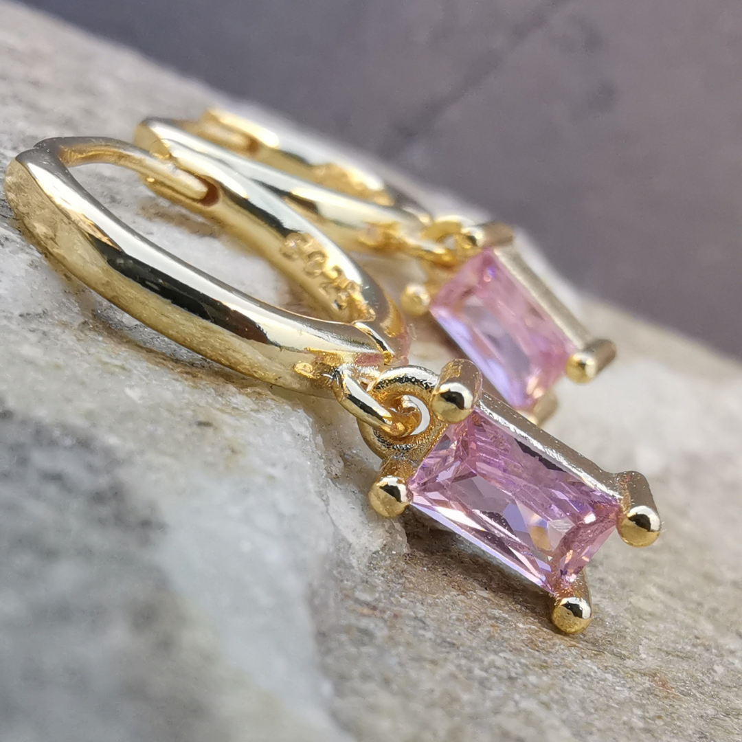 Droplet Earrings Pink Rectangle Zirconia - 18K Gold Plated 925 Sterling Silver