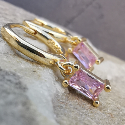 Droplet Earrings Pink Rectangle Zirconia - 18K Gold Plated 925 Sterling Silver