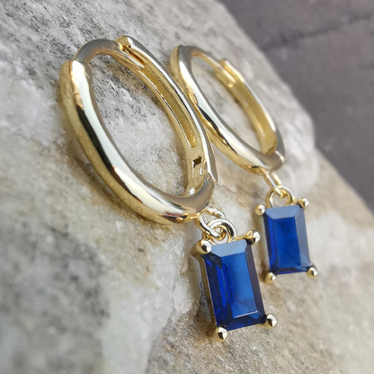 Droplet Earrings Rectangle Blue CZ - 18K Gold Plated 925 Sterling Silver