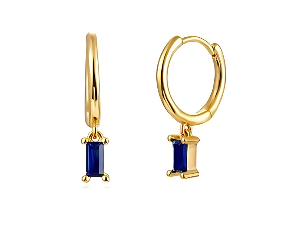 Droplet Earrings Rectangle Blue CZ - 18K Gold Plated 925 Sterling Silver