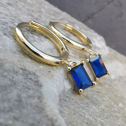 Droplet Earrings Rectangle Blue CZ - 18K Gold Plated 925 Sterling Silver