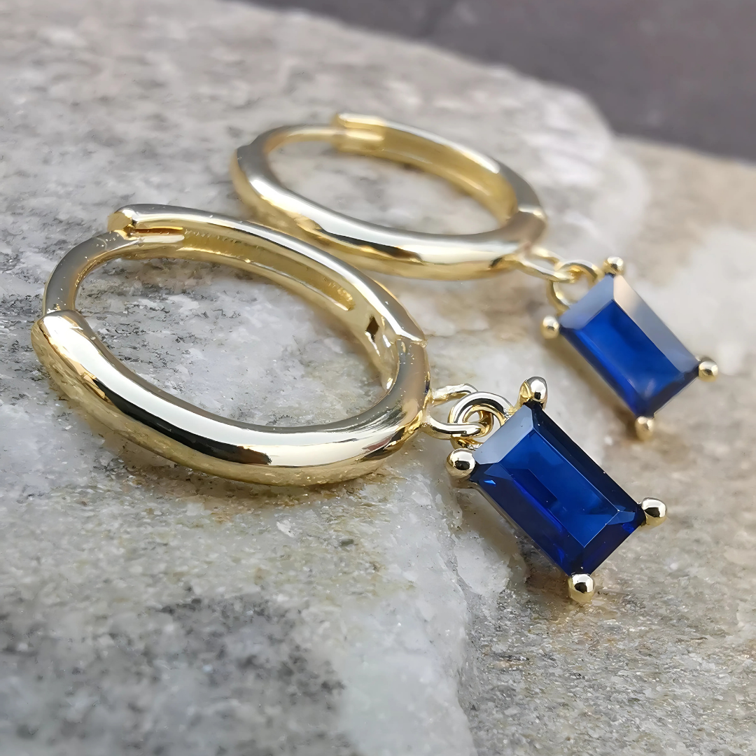 Droplet Earrings Rectangle Blue CZ - 18K Gold Plated 925 Sterling Silver