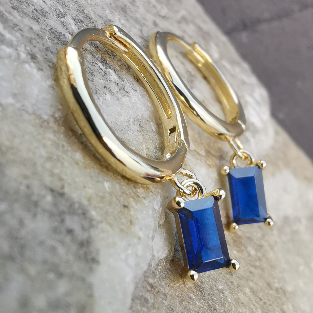 Droplet Earrings Rectangle Blue CZ - 18K Gold Plated 925 Sterling Silver