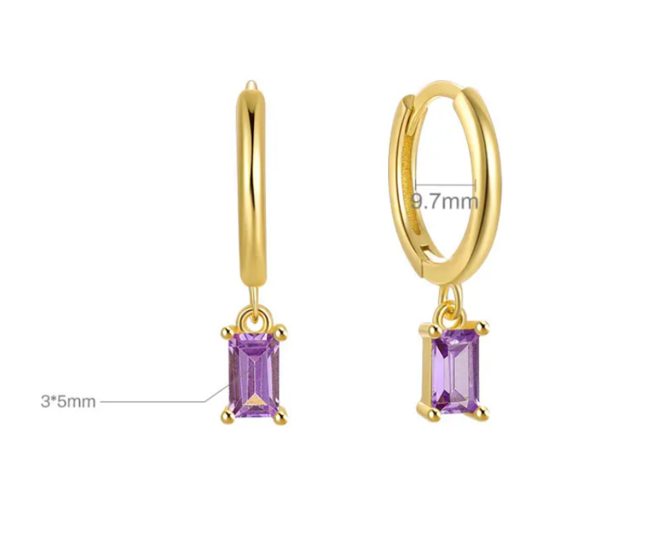 Droplet Earrings Rectangle Lilac CZ - 18K Gold Plated 925 Sterling Silver Dimensions