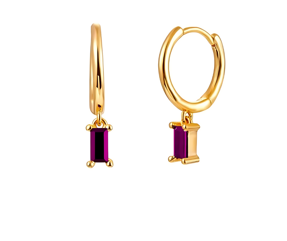 Droplet Earrings Rectangle Magenta CZ - 18K Gold Plated 925 Sterling Silver