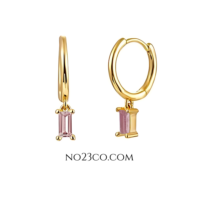 Droplet Earrings Rectangle Soft Pink CZ - 18K Gold Plated 925 Sterling Silver