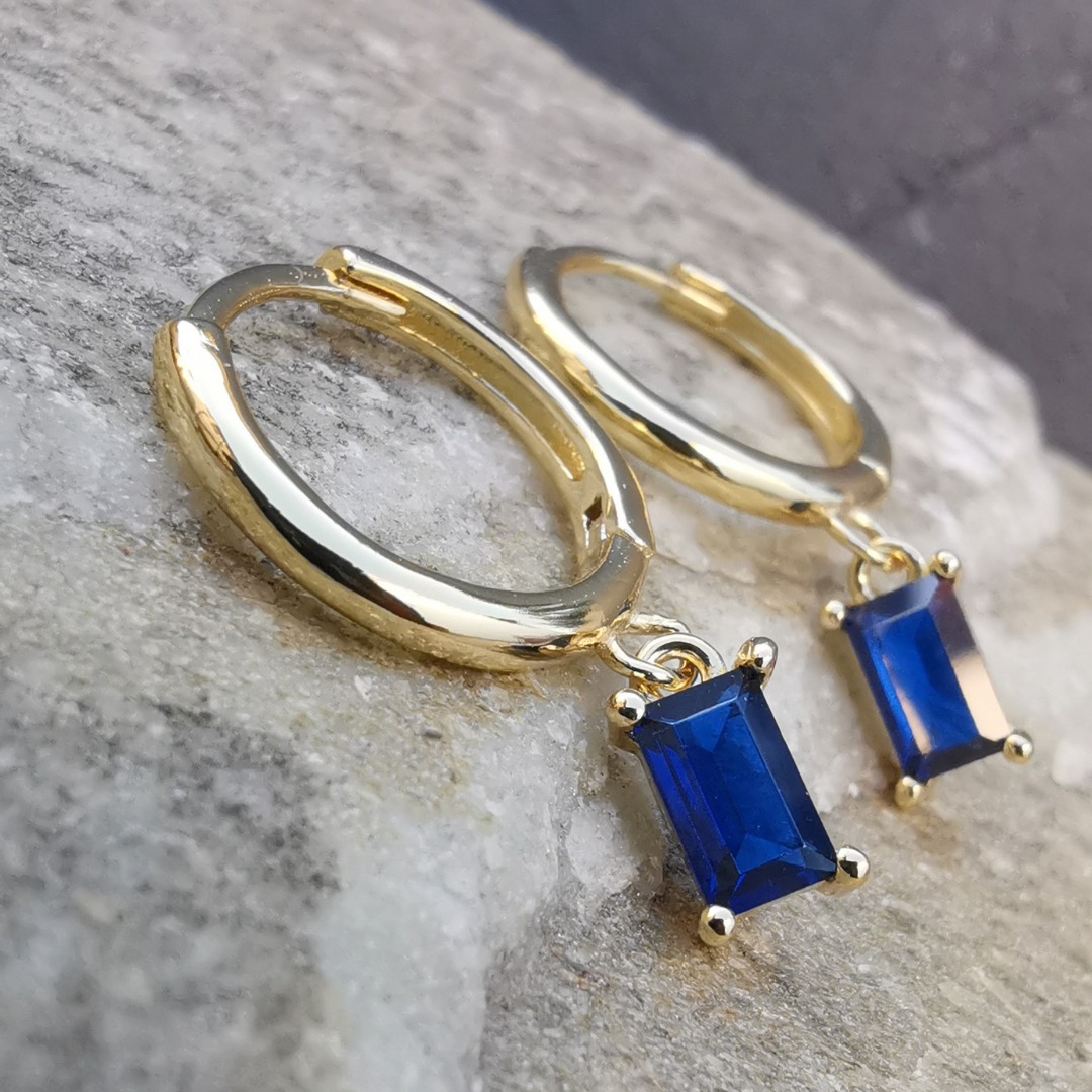 Droplet Earrings Rectangle Blue CZ - 18K Gold Plated 925 Sterling Silver