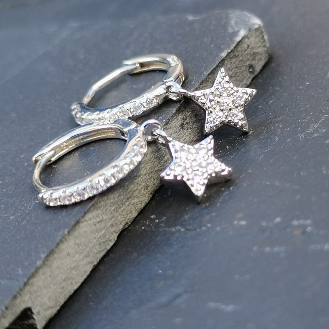 Earrings 925 Sterling Silver Star and CZ Droplets - Ear Piercing