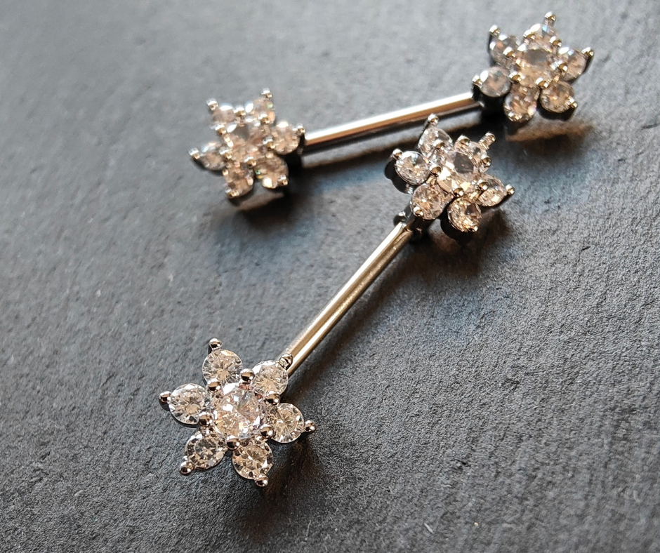 Flower Nipple Bar Piercing with Cubic Zirconia Jewelry - 14G Silver Surgical Steel 316L