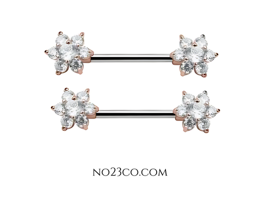 Flower Nipple Bar Piercing 14G Gold Rose Surgical Steel 316L with Cubic Zirconia - No23Co