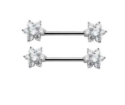 Flower Nipple Bar Piercing 14G Silver Surgical Steel 316L with Cubic Zirconia