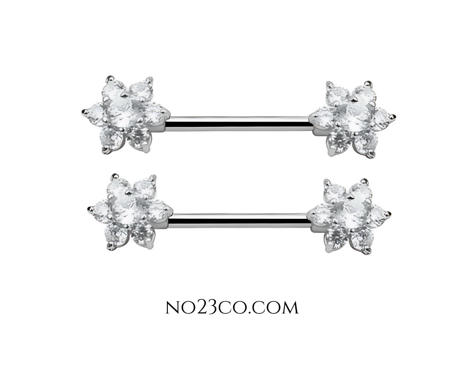 Flower Nipple Bar Piercing 14G Silver Surgical Steel 316L with Cubic Zirconia - No23Co