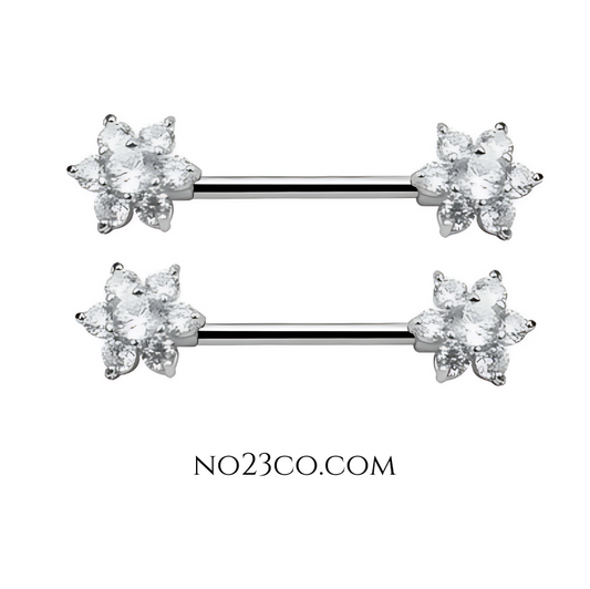 Flower Nipple Bar Piercing 14G Silver Surgical Steel 316L with Cubic Zirconia - No23Co