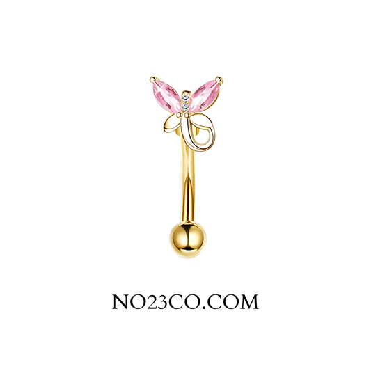 Gold 16G stainless steel barbell with pink butterfly charm for eyebrow or rook piercing