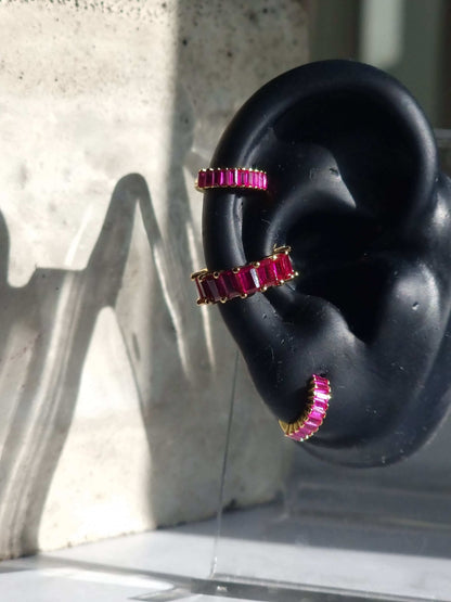 Gold 925 Earrings with Magenta CZ On demo ear